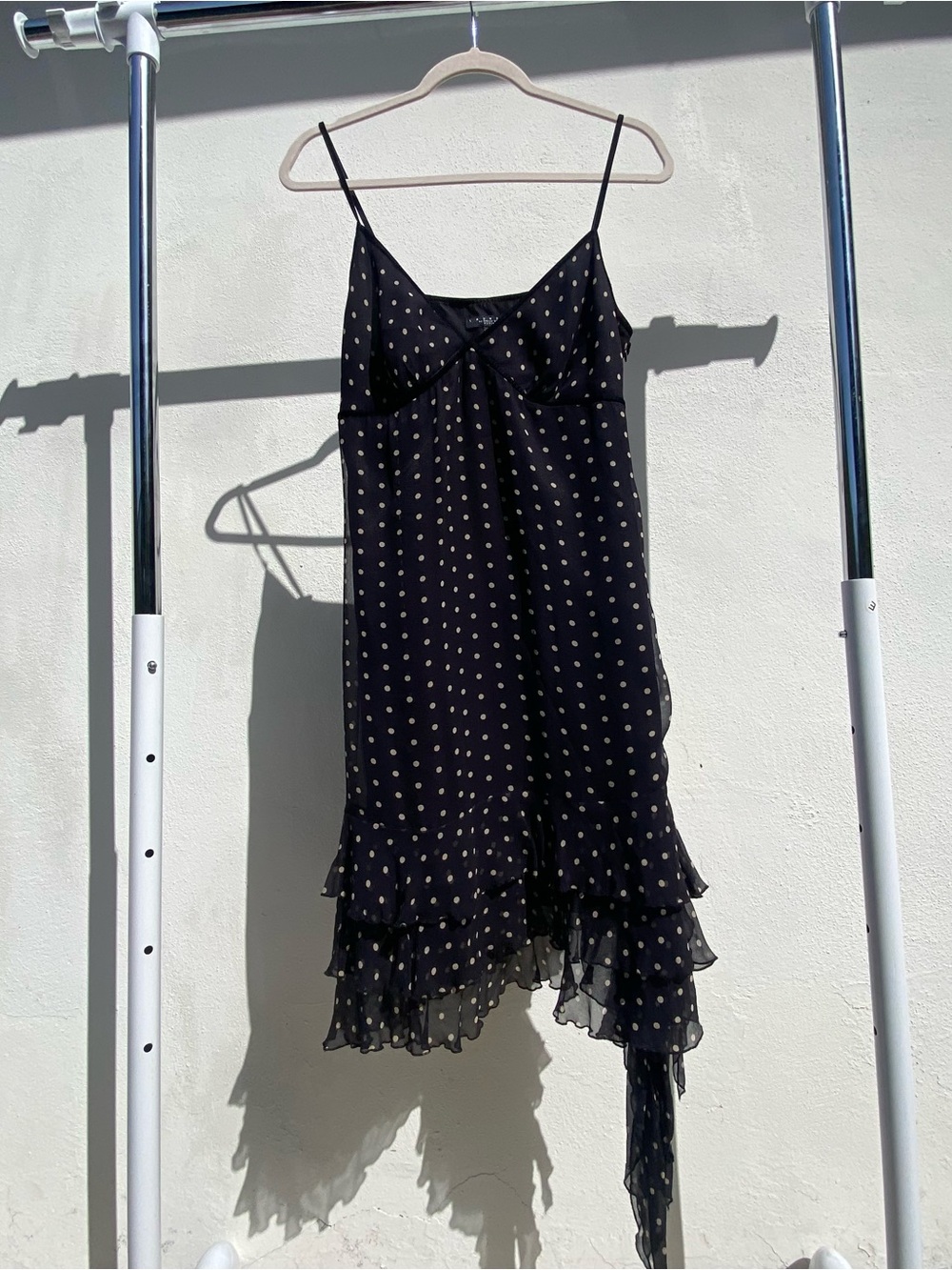 Y2K 100% Silk Chiffon Black & Tan Polkadot Coquette Ruffle Dress Size 12